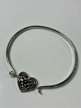 Contemporary Silver Heart Filigree Bangle Bracelet Reversible Red Enamel EUC